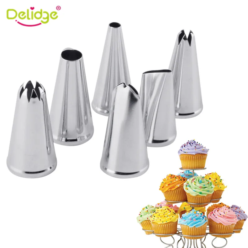 Delidge 6PCS Stainless Steel Cream Nozzle Mouth Jam Tip Set Cake Decorating Pastry Piping Flower Baking Tool | Дом и сад