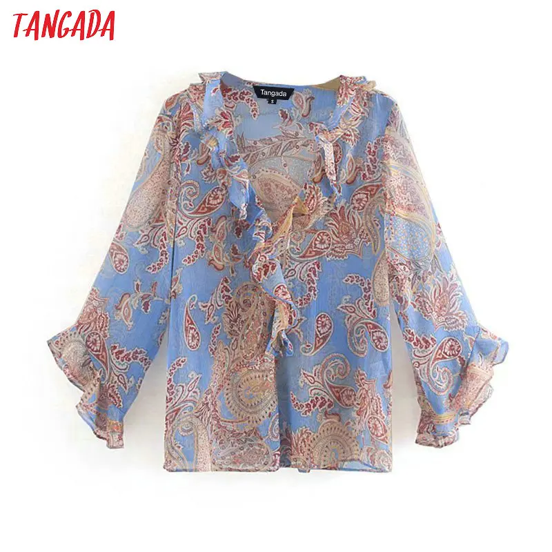 Tangada women chic flower print blouse flare long sleeve ruffles v neck shirts female transparent tops blusas CE206
Tangada women chic flower print blouse flare long sleeve ruffles v neck shirts female transparent tops blusas CE206