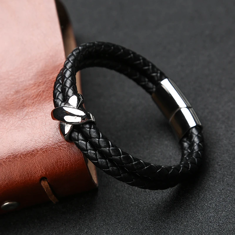 Мужской двухслойный браслет из натуральной кожи нержавеющей стали|leather bracelet|leather