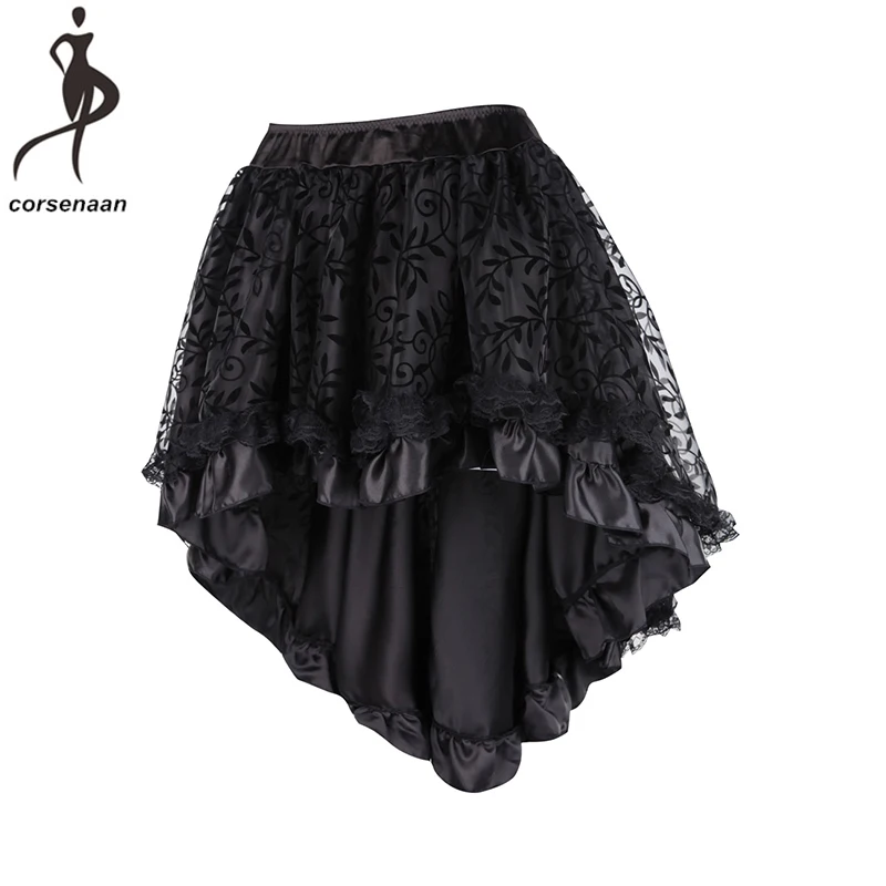 

Black Women's Victorian Asymmetrical Ruffled Satin Lace Trim Gothic Skirts Vintage Corset Steampunk Skirt Cosplay Costumes 937#