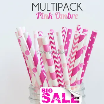 

125pcs Mixed Colors PINK OMBRE Themed Paper Straws,Deep Pink Striped,Swiss Dot and Chevron, Hot Pink Sailor Stripe and Polka Dot