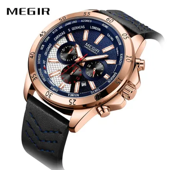 

MEGIR Top Brand Luxury Fashion Sports Quartz Watch Men Genuine Leather Strap Working Sub-dials Calendar Multifunction Wristwatch