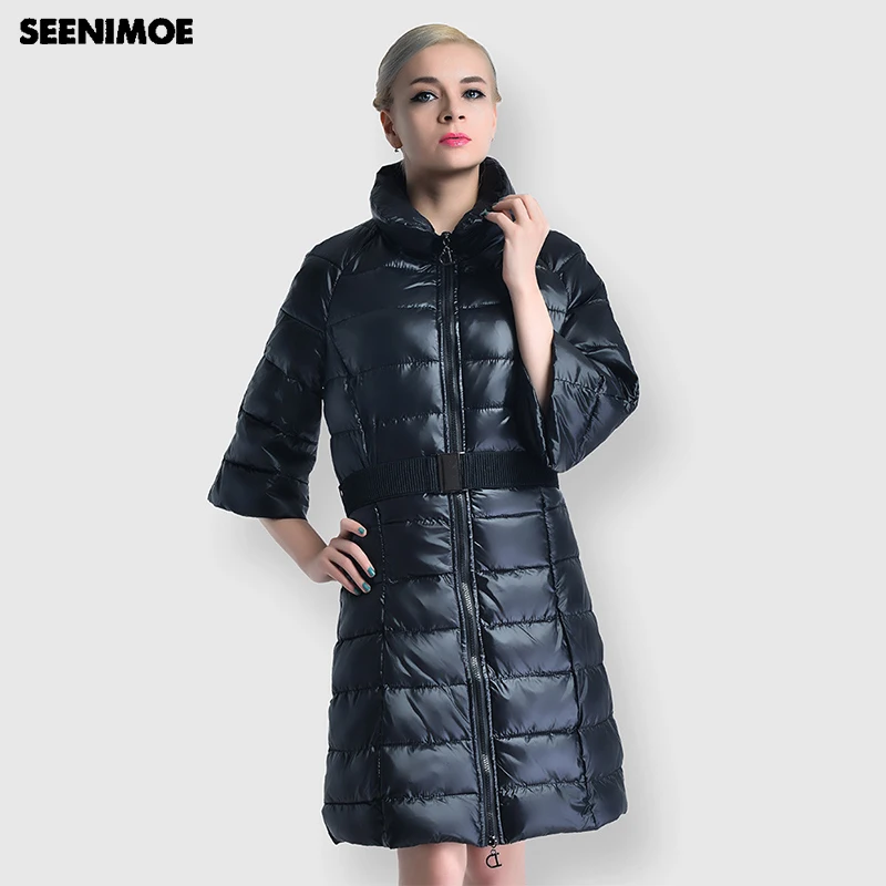 Женский зимний длинный пуховик Seenimoe 2019 теплая качественная куртка на утином пуху