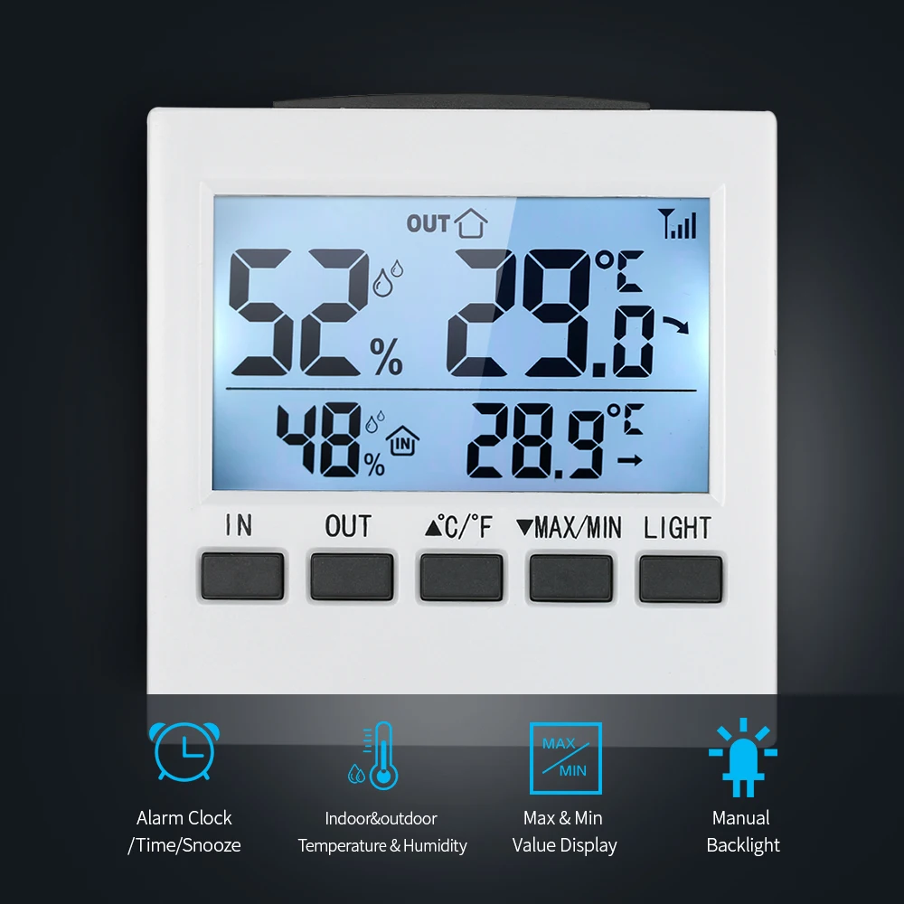 LCD Digital Wireless Indoor/Outdoor Thermometer Hygrometer / Temperature Humidity Meter with Max Min Value Display Transmitter
LCD Digital Wireless Indoor/Outdoor Thermometer Hygrometer / Temperature Humidity Meter with Max Min Value Display Transmitter