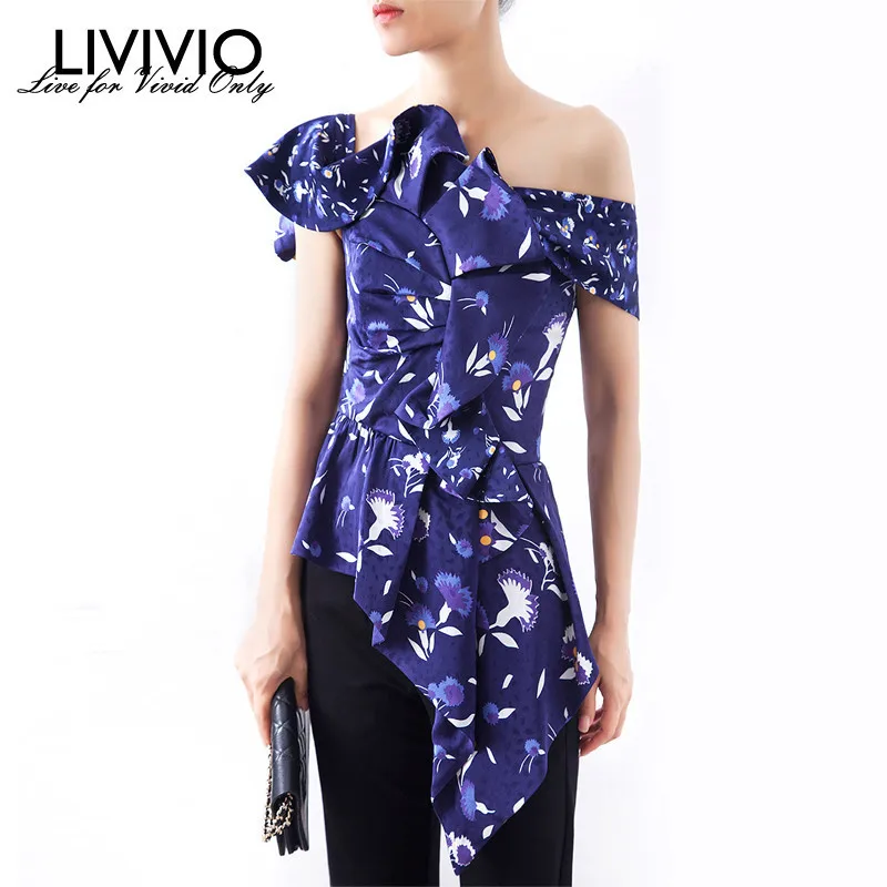 

[LIVIVIO] Skew Collar Off Shoulder Sexy Backless Asymmetric Ruffle Tops Women Shirt Laides Elegant Fashion Clothing 2019 Summer