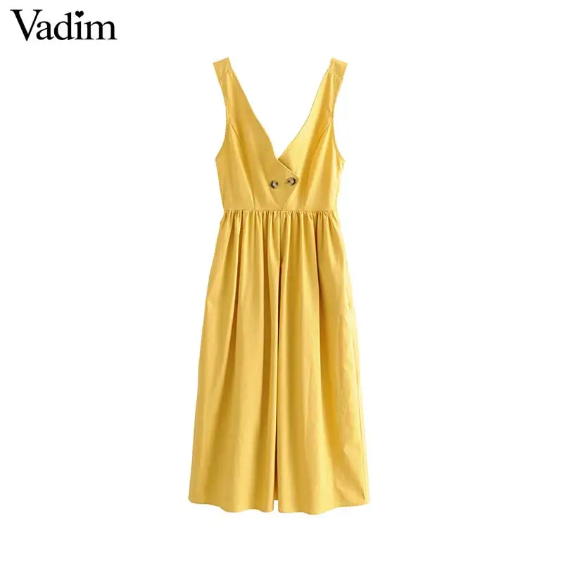 Vadim women Sexy V neck yellow midi dress sleeveless pockets buttons side zipper female casual solid dresses chic vestidos QB952
Vadim women Sexy V neck yellow midi dress sleeveless pockets buttons side zipper female casual solid dresses chic vestidos QB952