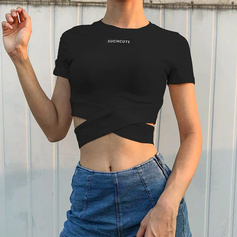 Fashion Round neck Tops Short sleeve T Shirt Letter Printing Slim Casual T-Shirt Women Sexy Crossed Navel Short Sleeve T-Shirt
Fashion Round neck Tops Short sleeve T Shirt Letter Printing Slim Casual T-Shirt Women Sexy Crossed Navel Short Sleeve T-Shirt