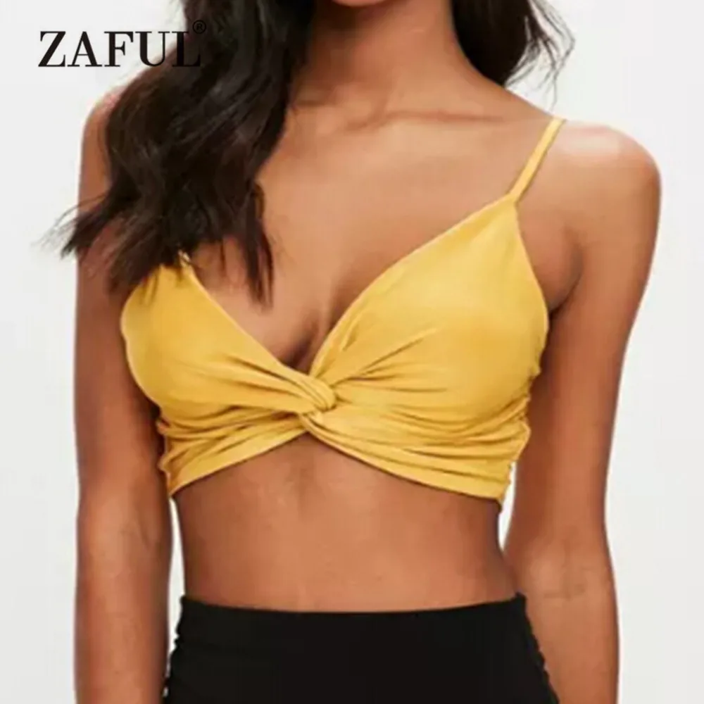 

ZAFUL Cover Ups Women Twist Bralette Cropped Tank Top Ruffles Open Back Short Standard Spaghetti Strap Solid Beach Cami Tank Top