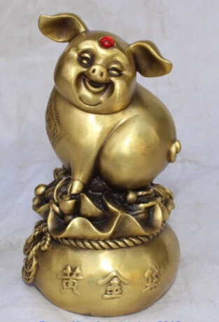 

RHS0074 6" Chinese Lucky Bronze Wealth Yuanbao Animal Pig Swine On Money Bag Sculpture