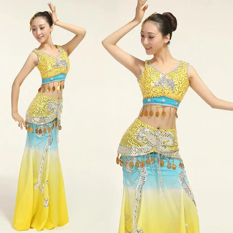 2017 Ancient Chinese Costume New Sequined Peacock Costumes Folk Dance Wear Ethnic Thailand Yunnan Dai Fishtail Skirt | Тематическая
