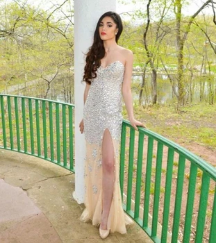 Luxury Crystal Beaded Sweetheart Champagne Mermaid Prom Gown Bodice Side Split Tulle Dress for Wedding Party
Luxury Crystal Beaded Sweetheart Champagne Mermaid Prom Gown Bodice Side Split Tulle Dress for Wedding Party