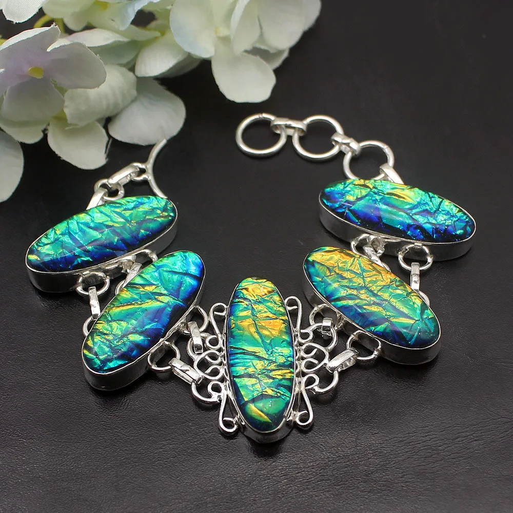 Trendy Fashion Green Dichroic Glass 925 Sterling Silver Women Links Chain Bracelet 7.75 Inch H01
Trendy Fashion Green Dichroic Glass 925 Sterling Silver Women Links Chain Bracelet 7.75 Inch H01