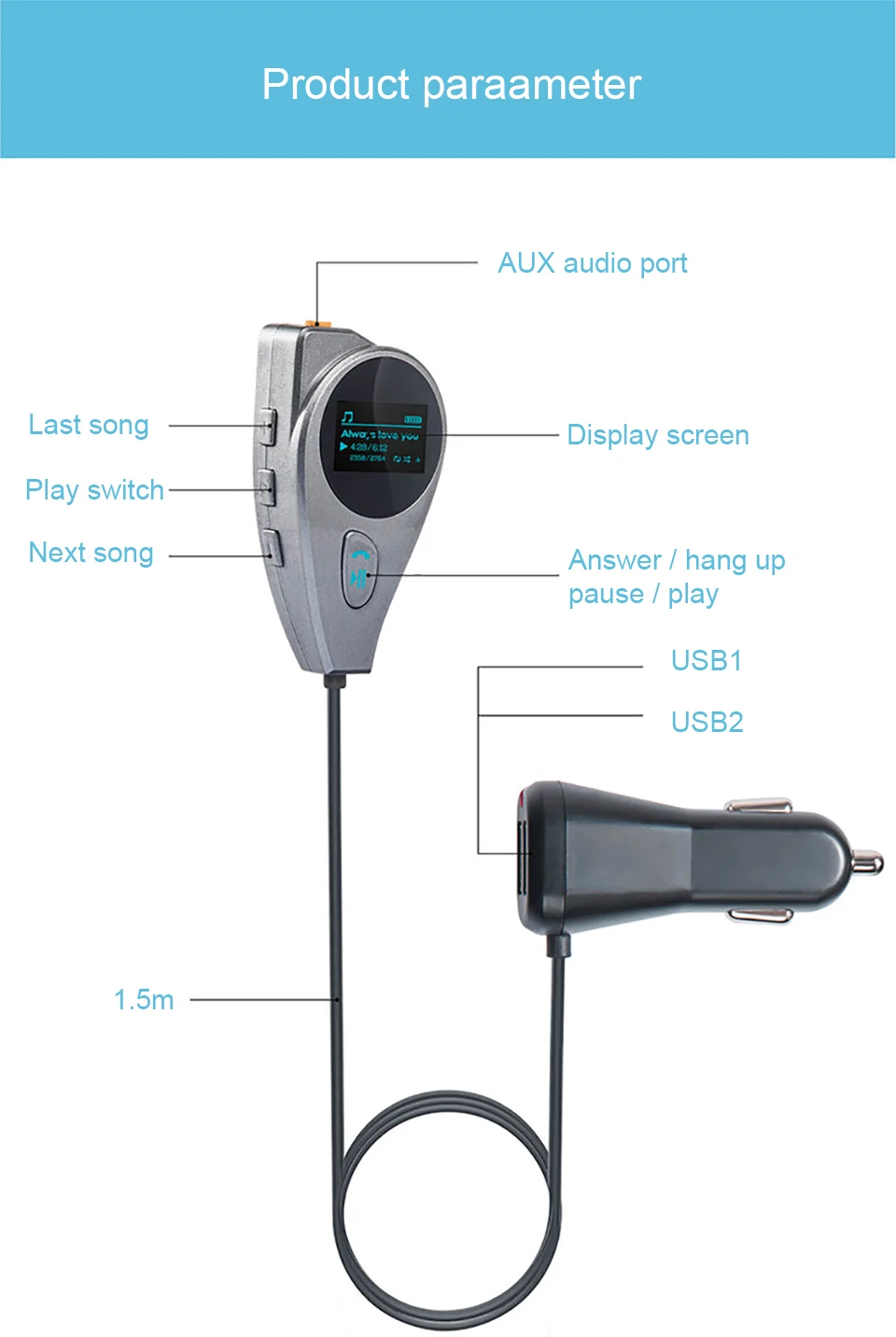 Cunymagos Bluetooth Car Kit mp3 Music Player FM Transmitter Modulator 2.1A Dual USB Car Charger Support U Disk TF Card DC 1224V (7)