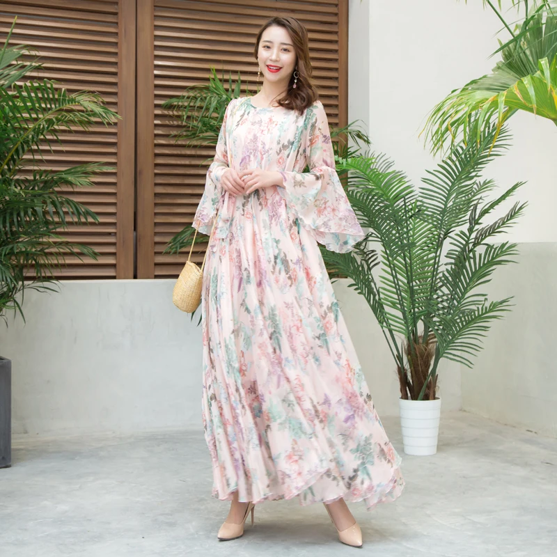 Длинный Макси шифоновый платье femme vestidos рукав фонарик цветочный принт розовое в