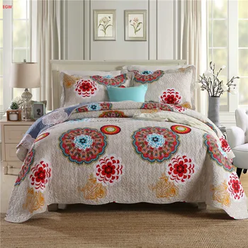 

Home textile 3pcs American quilt bedspread set gray flower bed cover set 100%cotton 230*250cm patchwork blue bedding pillowcase