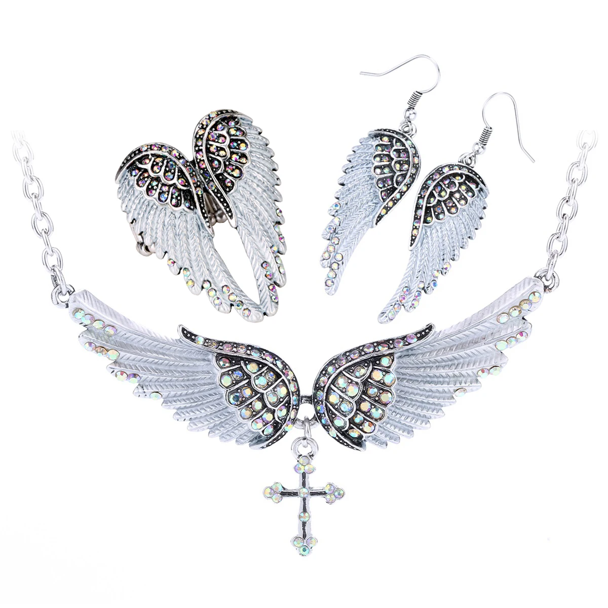 

Yacq Angel Wing Cross Necklace Earrings Ring Sets Women Biker Bling Jewelry Birthday Gifts for Her Mom Girlfriend Dropshipping