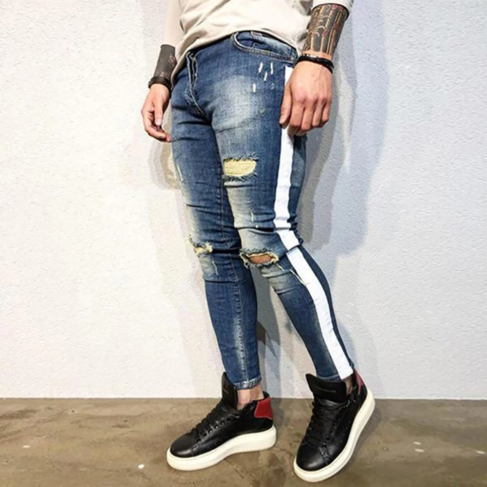 Men Jeans Casual Button Mid Waist Stripe Hole Ripped Jeans for Men Fashion Streetwear Denim Skinny Jeans Men jean homme D40
Men Jeans Casual Button Mid Waist Stripe Hole Ripped Jeans for Men Fashion Streetwear Denim Skinny Jeans Men jean homme D40