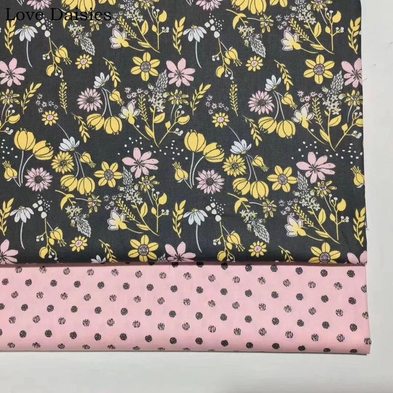

100% cotton Retro BLACK Yellow Mauve Flower Polka Dots Fabric DIY for Kids Bedding Apparel Summer Dress Bag Handwork Craft Decor