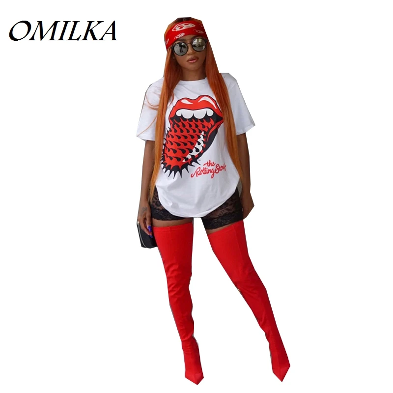 OMILKA 2019 Summer Women Short Sleeve Red Tongue Printed T Shirt Casual Loose White O Neck Harajuku Streetwear Long Tops Tees
OMILKA 2019 Summer Women Short Sleeve Red Tongue Printed T Shirt Casual Loose White O Neck Harajuku Streetwear Long Tops Tees