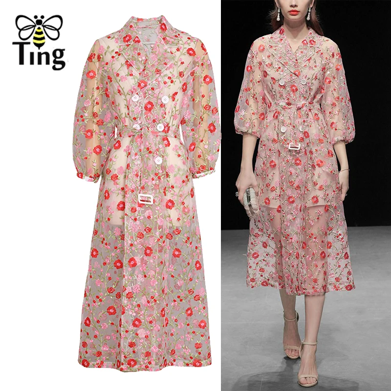 Tingfly Luxury Designer Runway Style Mesh Flower Embroidery Dress Elegant Vingate Turn down Collar Double Breast Trench Dress
Tingfly Luxury Designer Runway Style Mesh Flower Embroidery Dress Elegant Vingate Turn down Collar Double Breast Trench Dress