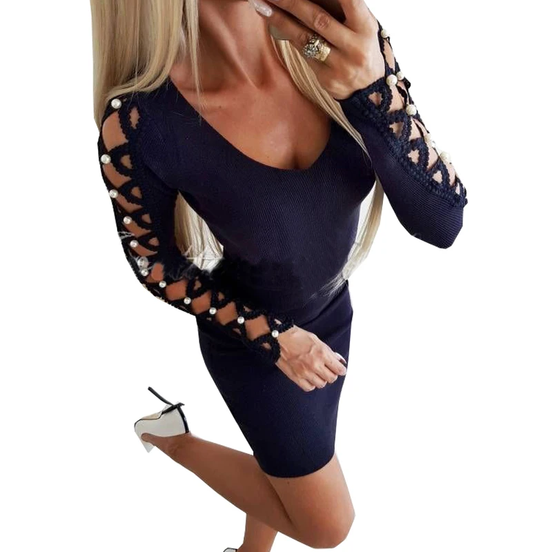 Cross Long Sleeve Pearl Crochet Women Sexy Mini Dress Hollow Out Beading Club Party Dresses Female Deep V Neck Sheath Robe M0426 
Cross Long Sleeve Pearl Crochet Women Sexy Mini Dress Hollow Out Beading Club Party Dresses Female Deep V Neck Sheath Robe M0426