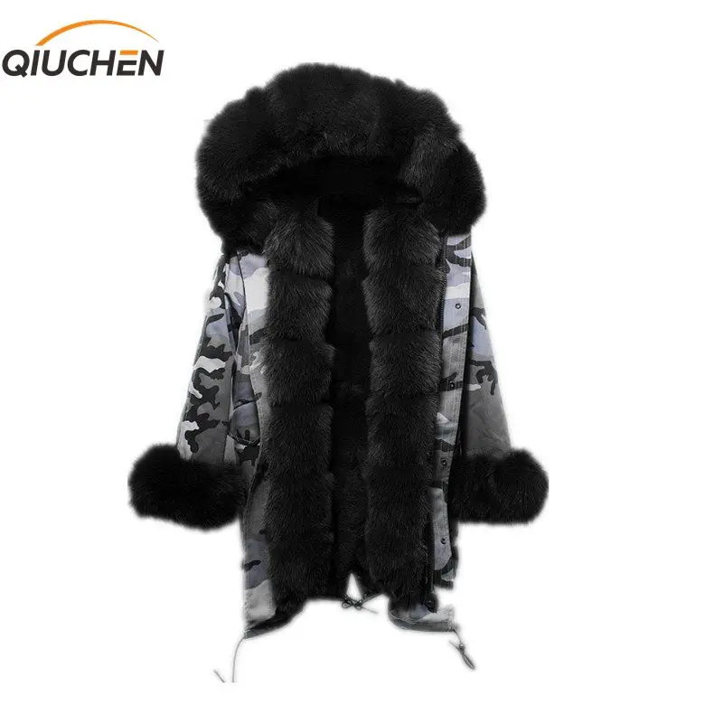 QIUCHEN PJ6010 real fur parka with real fox fur Hood long model women Camouflage gray jacket with rex rabbit fur lining warm 
QIUCHEN PJ6010 real fur parka with real fox fur Hood long model women Camouflage gray jacket with rex rabbit fur lining warm