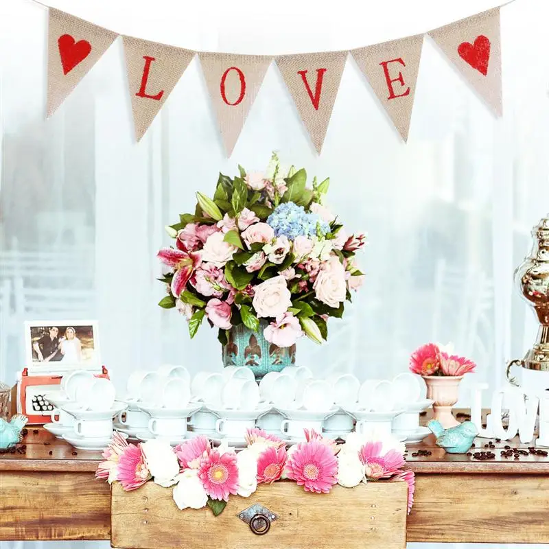 Tinksky LOVE Letters and Hearts Valentines Day Bunting Banners Rustic Jute Burlap Pennant Flags Vintage Wedding Garland