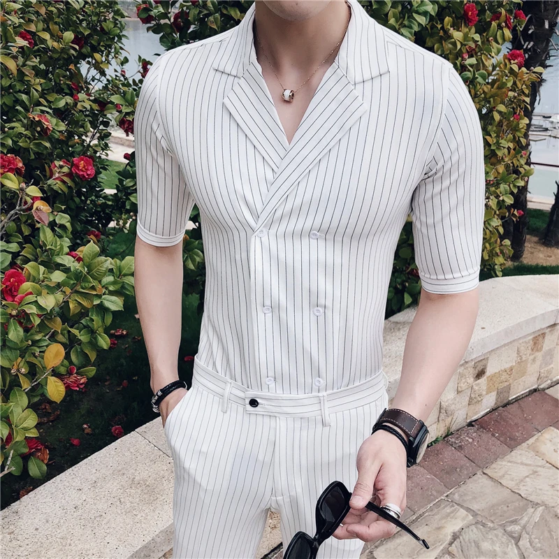 

Camisa Masculina Double Breasted White Shirts Mens Smart Stripe Shirts Mens Summer Slim Fit Mens Shirts 2018 Conjunto Social