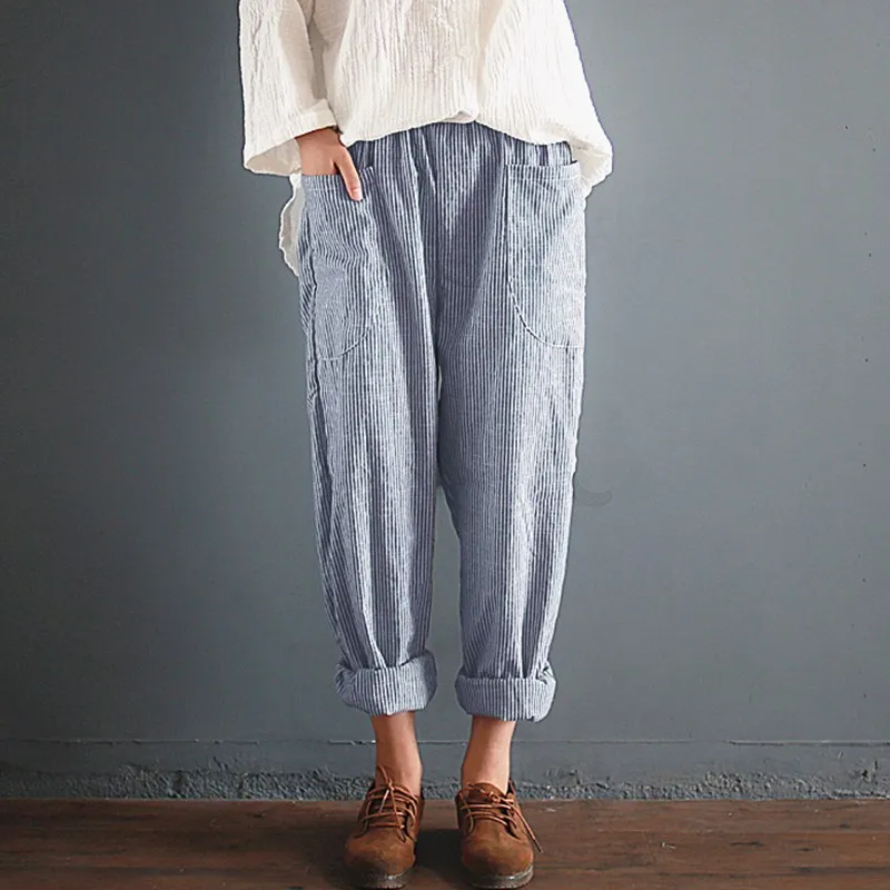 ZANZEA Spring Women Elastic Waist Long Harem Pants Striped Cotton Linen Pockets Turnip Trousers Loose Cargo Pantalon Plus Size
ZANZEA Spring Women Elastic Waist Long Harem Pants Striped Cotton Linen Pockets Turnip Trousers Loose Cargo Pantalon Plus Size