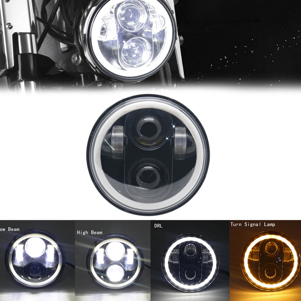 Motorcycle 5.75 inch LED Round Headlight with Halo Ring Amber Turn Signal for Harley Sportster, Super Glide Dyna, Softail
Motorcycle 5.75 inch LED Round Headlight with Halo Ring Amber Turn Signal for Harley Sportster, Super Glide Dyna, Softail