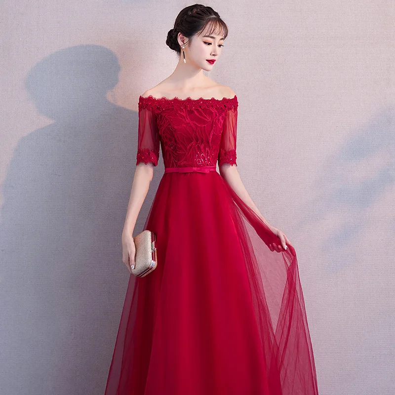 Sexy Burgundy Prom Dresses Long A-Line Half Sleeve Off the Shoulder Beading Tulle 2019 Lace Elegant Party Gowns Gala jurk
Sexy Burgundy Prom Dresses Long A-Line Half Sleeve Off the Shoulder Beading Tulle 2019 Lace Elegant Party Gowns Gala jurk