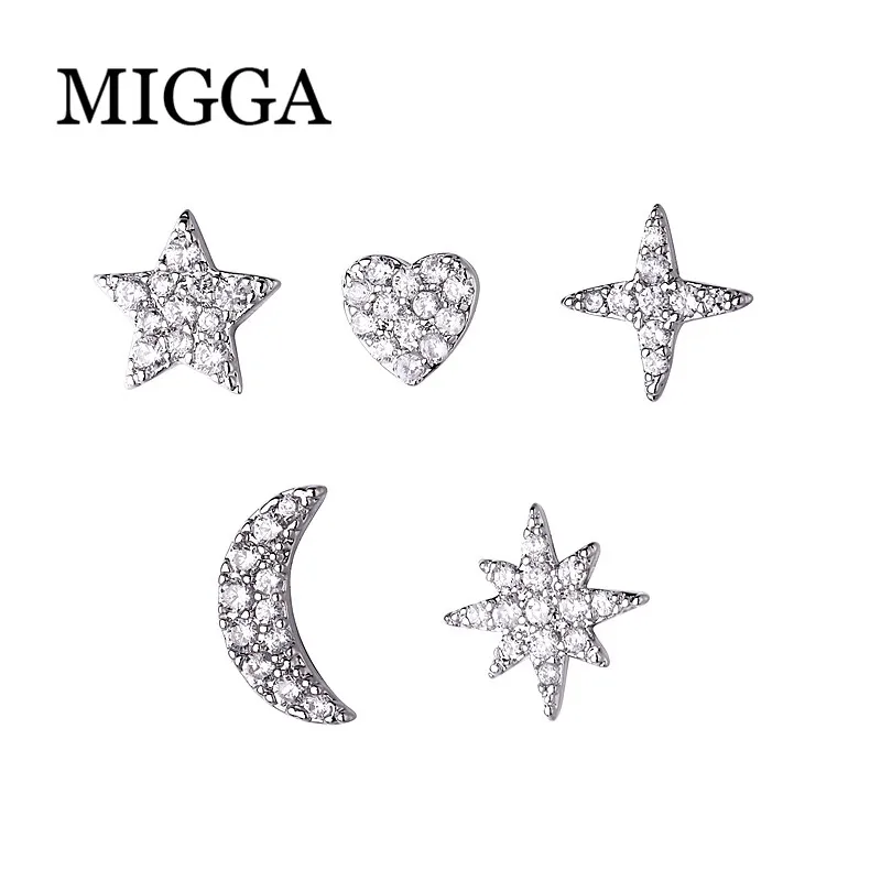 MIGGA 5pcs Micro Paved Cubic Zirconia Stud Earrings Small Heart Moon Star Studs Set Fashion Women Jewelry
MIGGA 5pcs Micro Paved Cubic Zirconia Stud Earrings Small Heart Moon Star Studs Set Fashion Women Jewelry