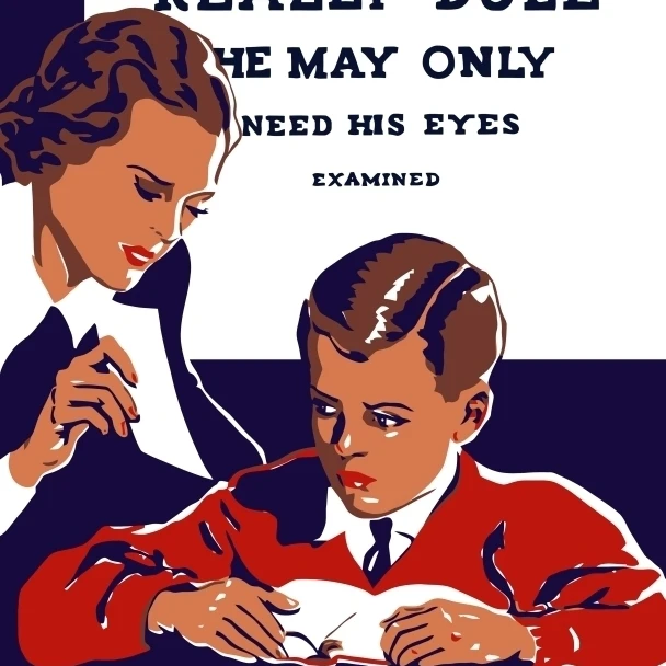 Vintage WPA propaganda poster featuring a teacher and young boy reading Poster Print (11 x 18)