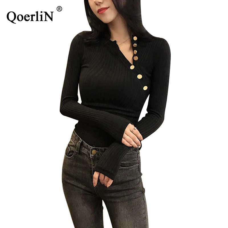 QoerliN/черные базовые Топы с пуговицами Женский вязаный тонкий свитер длинным