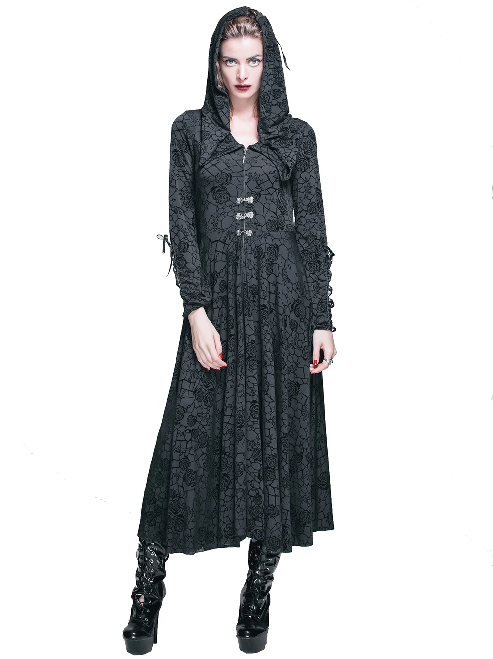 Punk Gothic Women Solid Black Coat With Zipper Winter Hooded Coat With Ribbons Slim-Fit Outerwear Rose Flocking Long Jacket
Punk Gothic Women Solid Black Coat With Zipper Winter Hooded Coat With Ribbons Slim-Fit Outerwear Rose Flocking Long Jacket