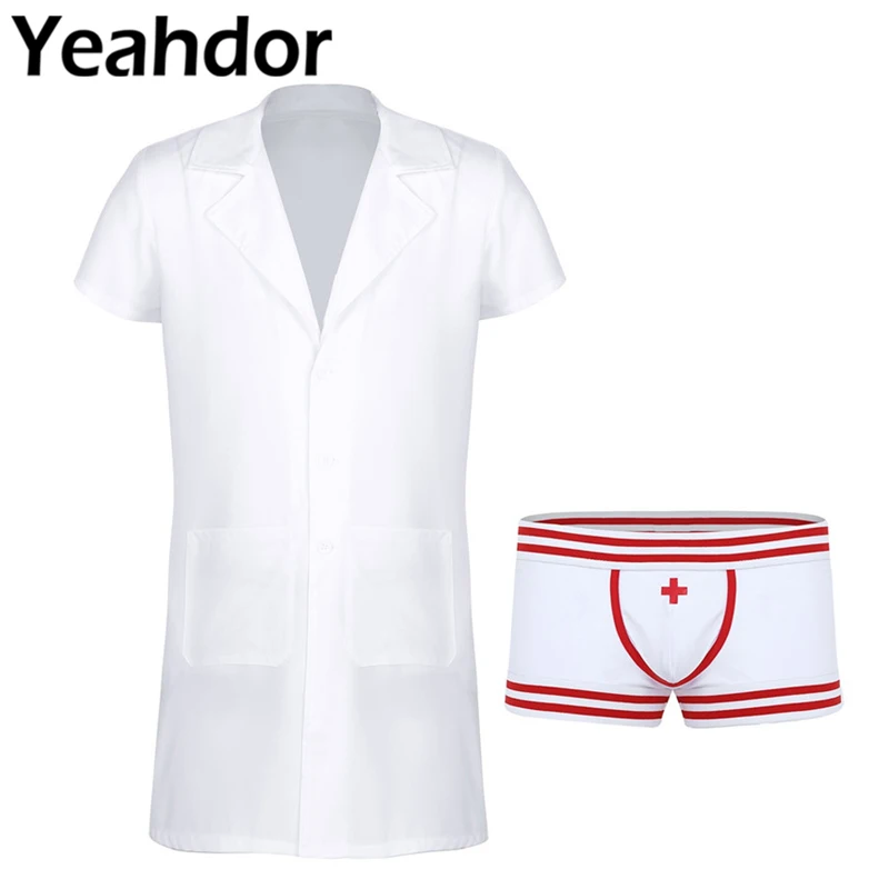 2Pcs Mens Role Play Costume Outfit Short Sleeve Medical Nurse Doctor Uniform Lapel Collar Coat with Boxer Brief Underwear Set
2Pcs Mens Role Play Costume Outfit Short Sleeve Medical Nurse Doctor Uniform Lapel Collar Coat with Boxer Brief Underwear Set