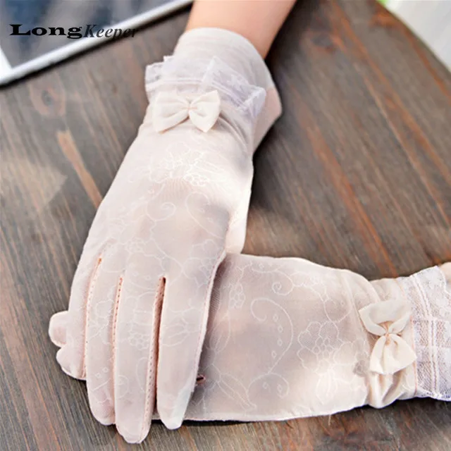 Image 2016 Women UV Protection Summer Gloves Lace Glove Thin Sunscreen Gloves Ice Silk Lace Bow Mittens Binge Gray Pink White 072