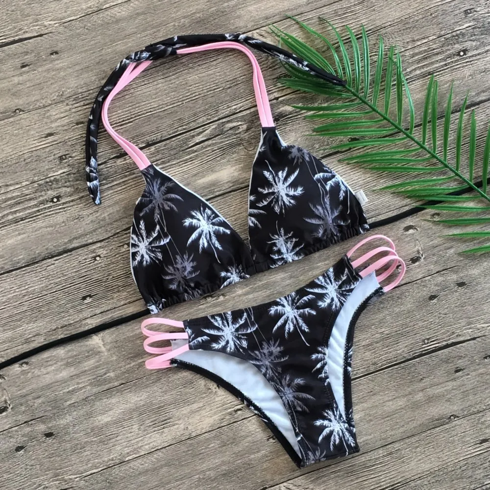 

2019 Sexy Brazilian Bikini Set Swimwear White Women Swimsuit Bathing Suit Cami Palm Leaf Print Biquini Swim Suit Maillot De Bain