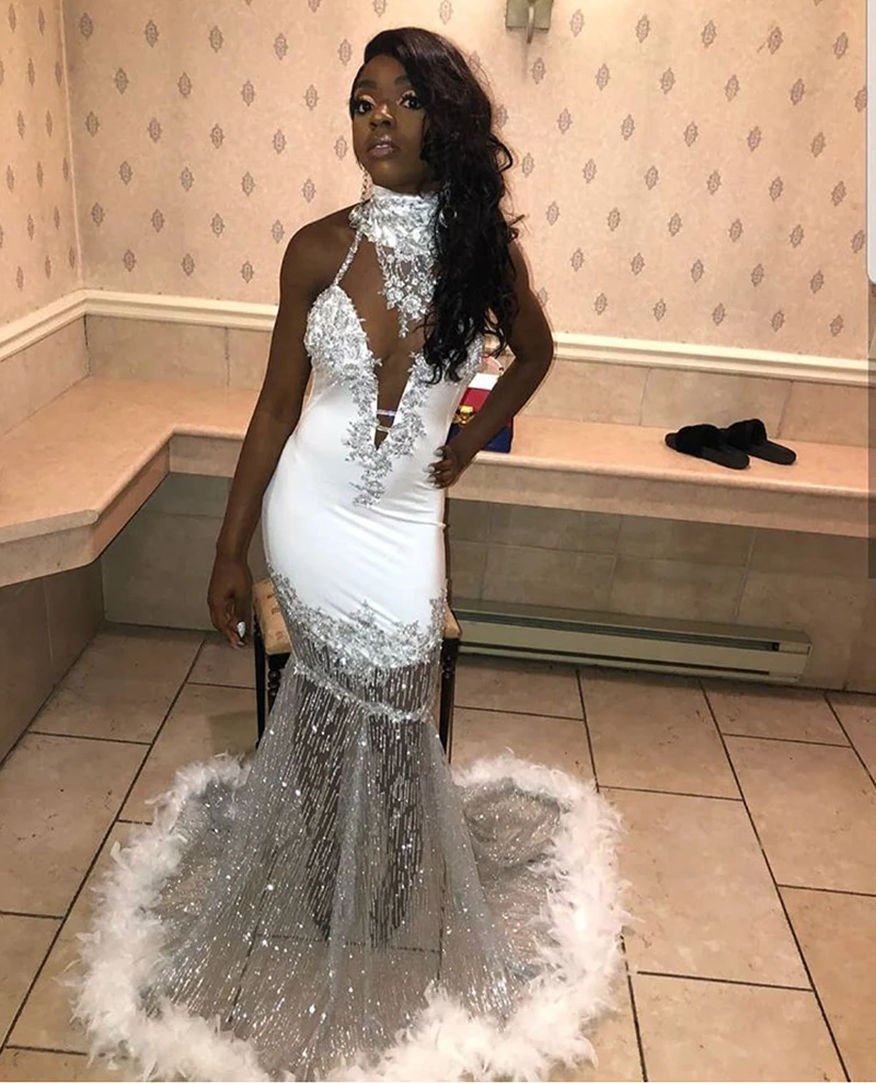 Sparkly White Prom Dress 2019 Sexy Mermaid Black Girls Lace Appliques Glitter Feathers African Formal Evening Party Gown DP0009
Sparkly White Prom Dress 2019 Sexy Mermaid Black Girls Lace Appliques Glitter Feathers African Formal Evening Party Gown DP0009