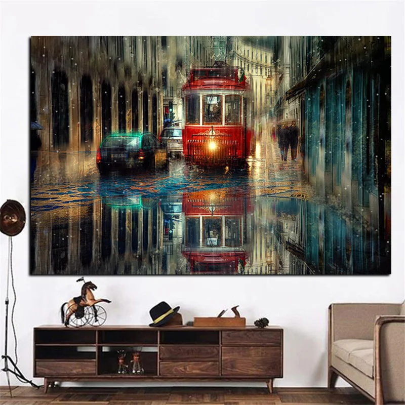 HD Print Retro Tram Rain City Street Oil Painting on Canvas Pop Art Modern Wall Picture for Living Room Poster Sofa Cudros Decor (3)