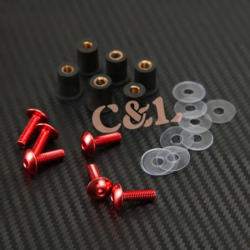 

6 X RED CNC M5 5MM WINDSCREEN BOLTS KIT WINDSHIELD SCREW MOUNTING NUTS