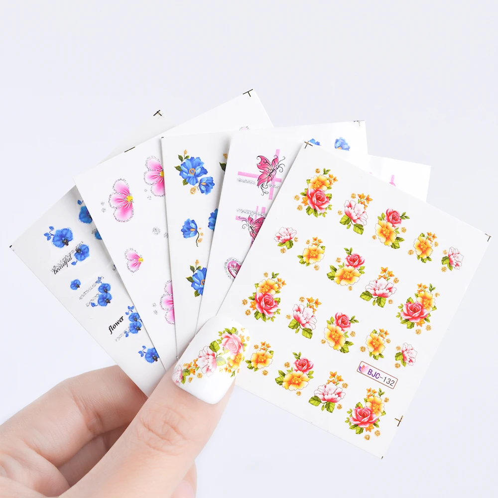 55pcs New Latest Nail Art Glitter Tips Flower Designs with Gold Powder Nail Art Sticker Decals Watermark DIY Manicur (10)