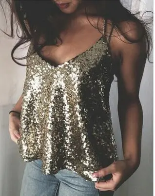 

Women Camis sexy sparkly metallic clubwear 2018 Tops Dance Tank Top Deep V-neck Club Vest Backless Ladies Gold Sleeveless Summer