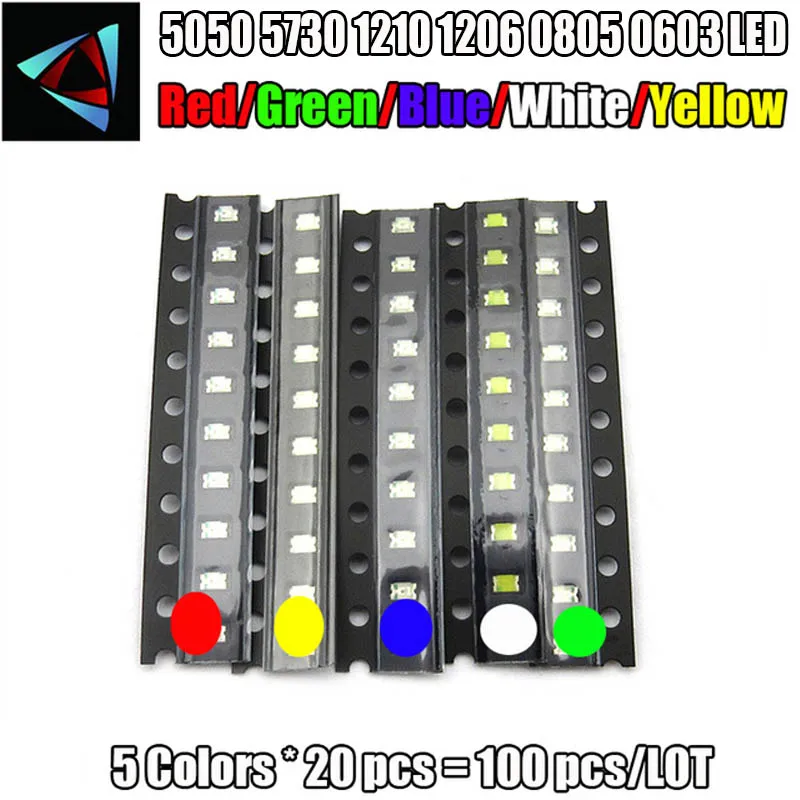100pcs=5colors x 20pcs 5050 5730 1210 1206 0805 0603 LED Diode Assortment SMD LED Diode Kit Green/ RED / White / Blue / Yellow
100pcs=5colors x 20pcs 5050 5730 1210 1206 0805 0603 LED Diode Assortment SMD LED Diode Kit Green/ RED / White / Blue / Yellow