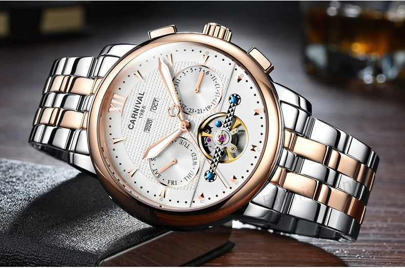 Carnival Hollow Mechanical Watch Men Tourbillon Day-Date Waterproof Luminous Male Business Wristwatch Rose Gold Steel
Carnival Hollow Mechanical Watch Men Tourbillon Day-Date Waterproof Luminous Male Business Wristwatch Rose Gold Steel