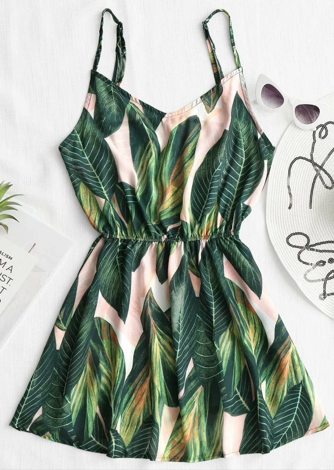 Beach Dress Women Mini Summer Dress Leaf Print Sleeveless V Neck Spaghetti Strap Elastic Waist Dresses Sundress New
Beach Dress Women Mini Summer Dress Leaf Print Sleeveless V Neck Spaghetti Strap Elastic Waist Dresses Sundress New