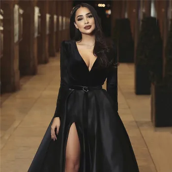 Black Sexy Evening Dresses Deep V-Neck Long Sleeves Satin Formal Dress High Slit Dubai Kaftan Arabic Elegant Evening Gowns 2019
Black Sexy Evening Dresses Deep V-Neck Long Sleeves Satin Formal Dress High Slit Dubai Kaftan Arabic Elegant Evening Gowns 2019