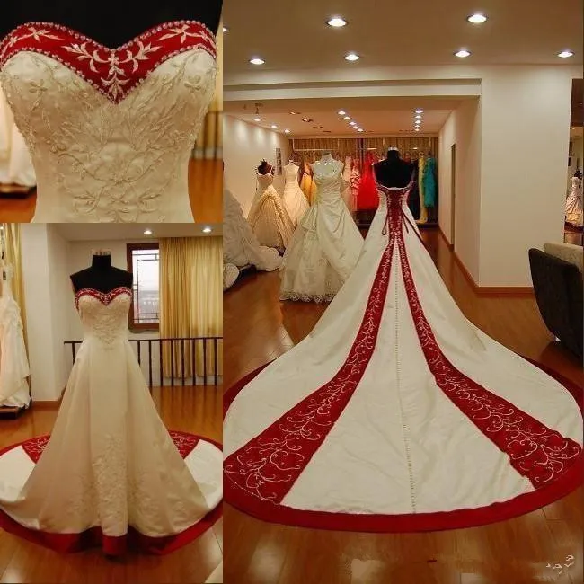 2019 Traditional Red and White Embroidery Plus Size Wedding Dresses Custom Made Corset Back Novia Sweetheart Chapel Train Brida
2019 Traditional Red and White Embroidery Plus Size Wedding Dresses Custom Made Corset Back Novia Sweetheart Chapel Train Brida