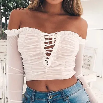 Nadafair Sexy Ruffle Off Shoulder Top Long Sleeve Black White Women Tops And Blouses Bandage Ruched Mesh Crop Top Female Shirt
Nadafair Sexy Ruffle Off Shoulder Top Long Sleeve Black White Women Tops And Blouses Bandage Ruched Mesh Crop Top Female Shirt