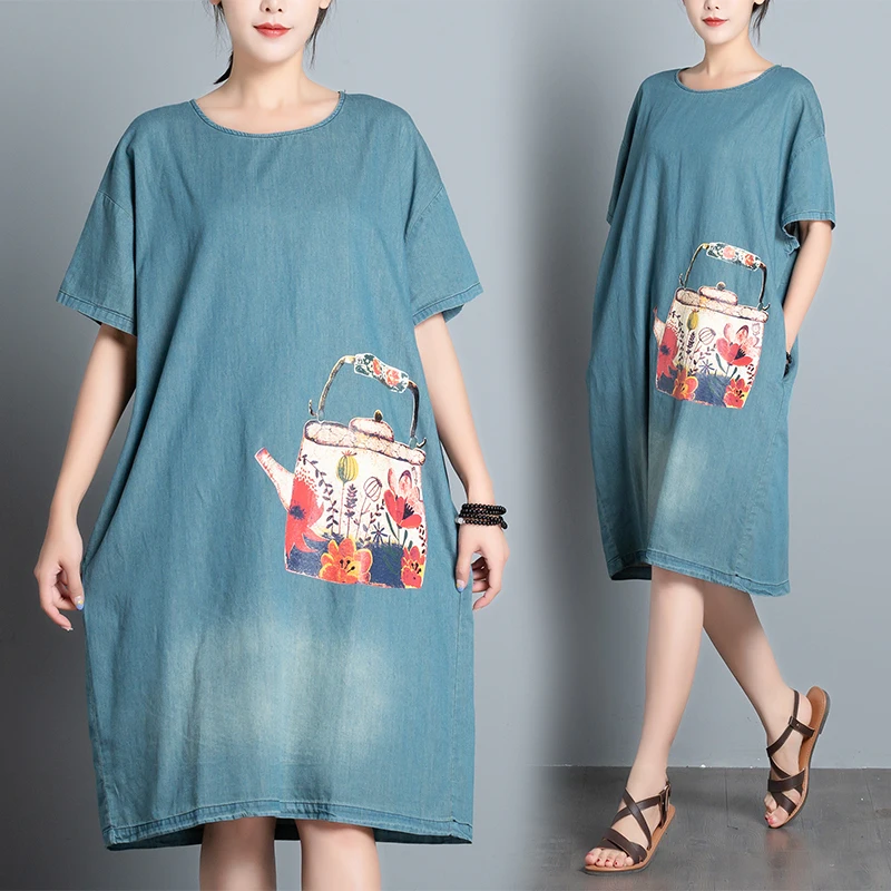 #0134 2019 Summer Dress Ladies Short Sleeve Casual Cotton Loose Print Plus Size Dresses For Women Jeans Dress Women With Pocket
#0134 2019 Summer Dress Ladies Short Sleeve Casual Cotton Loose Print Plus Size Dresses For Women Jeans Dress Women With Pocket